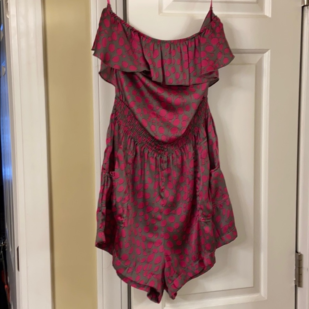 Pink and gray polka dot strapless romper